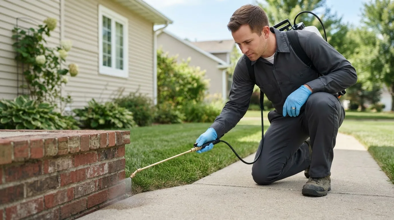 Pest control technician treating a home near West Suffield, CT