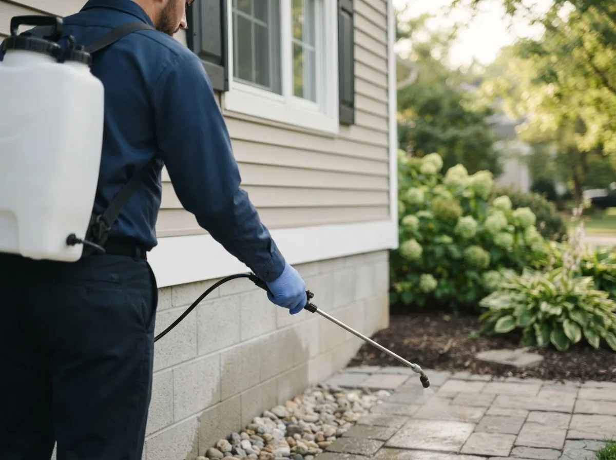 Pest control technician inspecting a home in West Suffield, CT